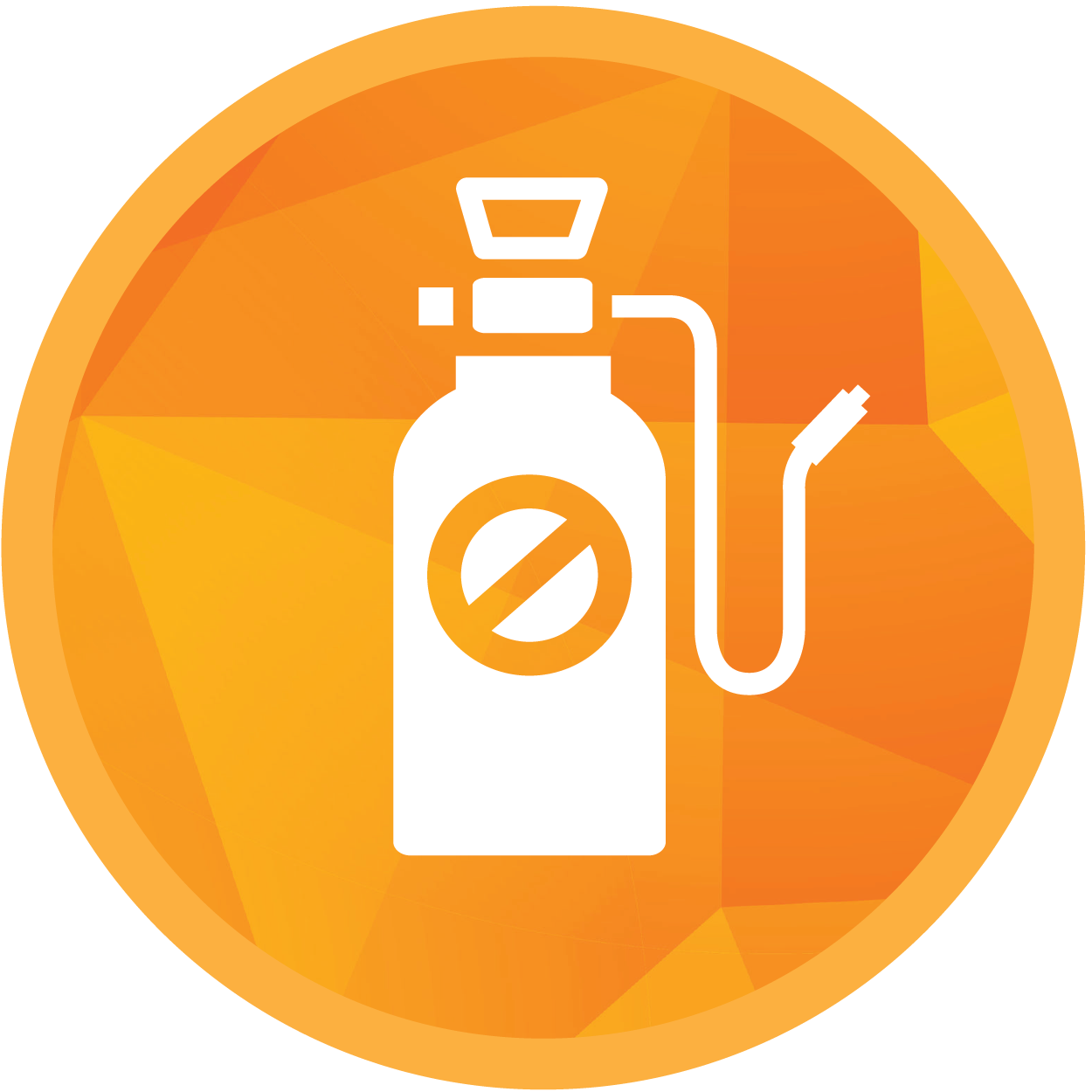Circle icon of a pesticide sprayer with a no symbol on the can